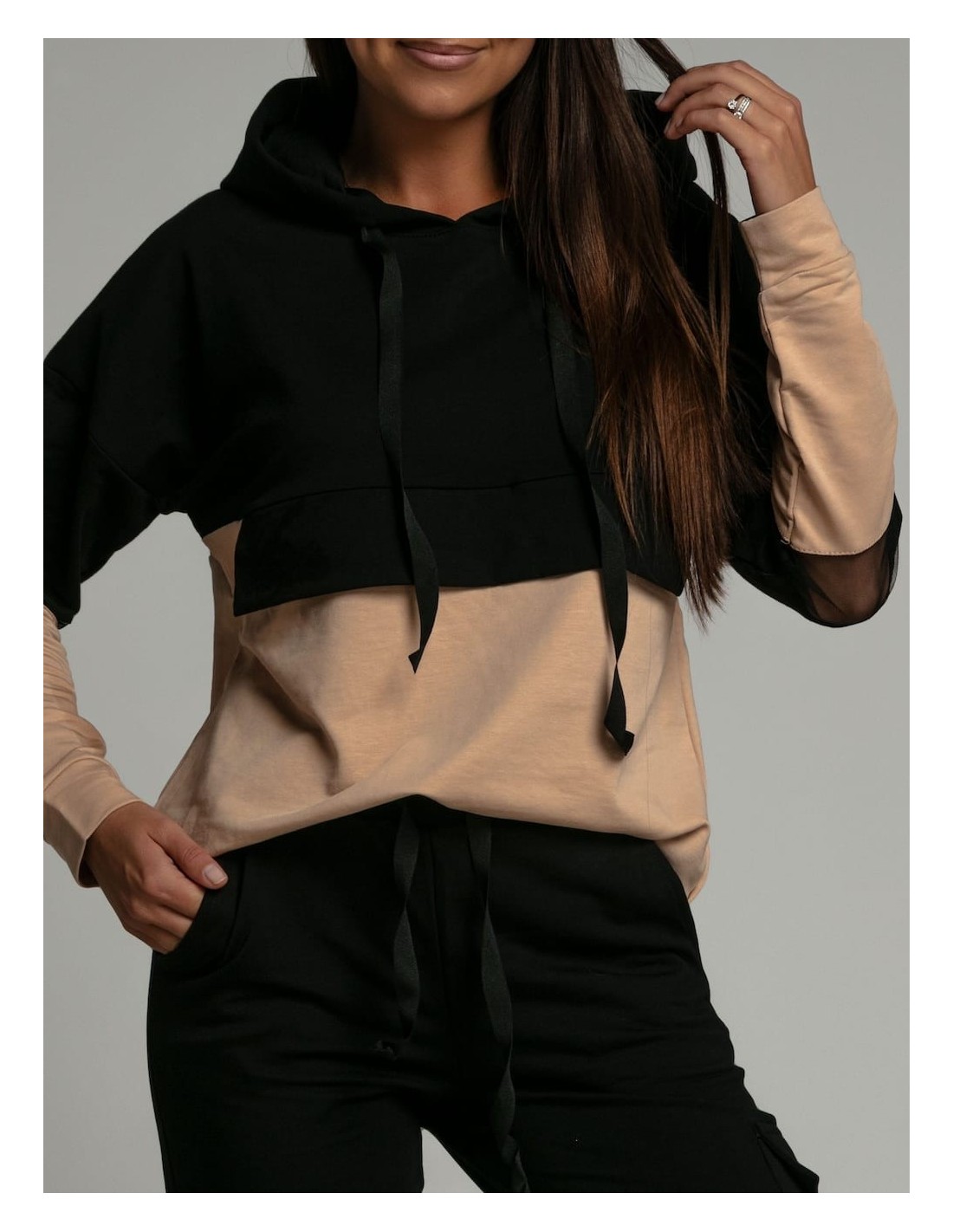 Two-color tracksuit with transparent inserts on the sleeves, beige FI530 - Online store - Boutique